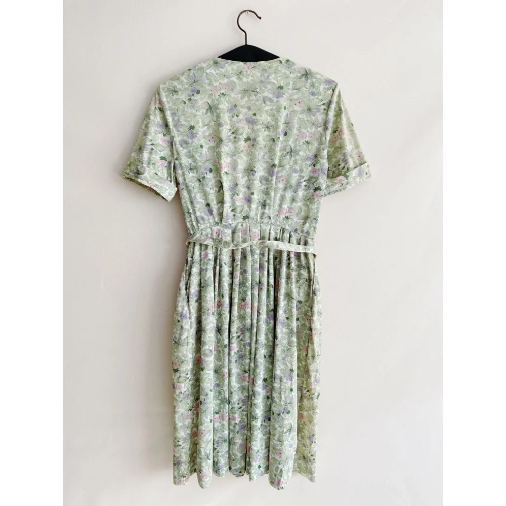 Vintage 1960s/50s Shelton Stroller Green Floral Belted Circle Skirt Dress M/L - Picture 2 of 15